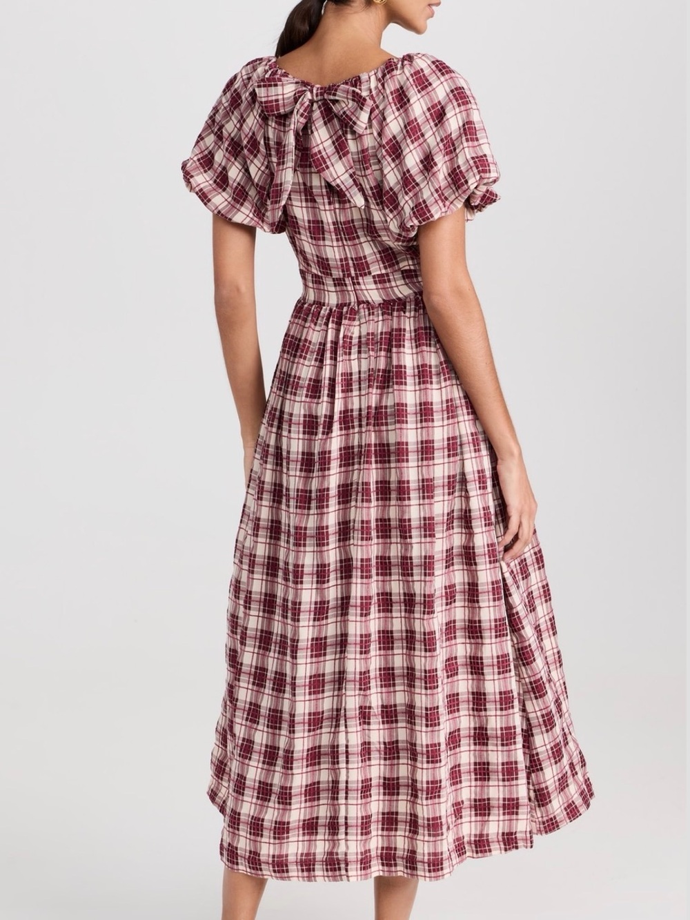 En Saison Burgundy and Cream Plaid Puff-Sleeve Maxi Dress - Picture 2 of 9